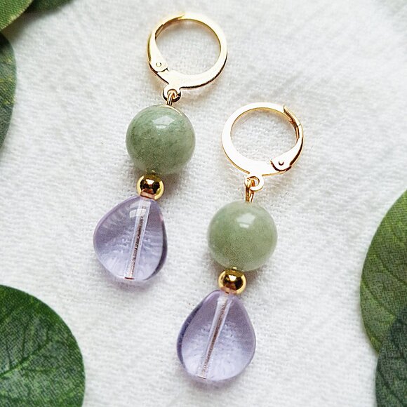 Ethereal Fairycore Earrings, Mystical Romantic Dangles, Gold Plated Jade Earring - Picture 2 of 6